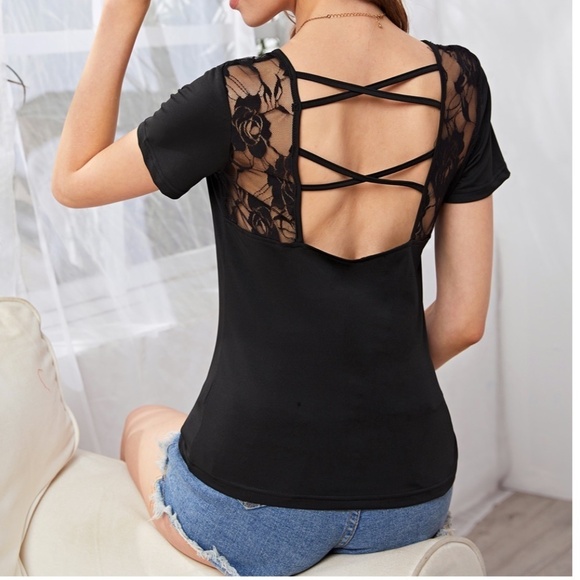SHEIN BLACK LACE CRISSCROSS BACK TEE -  M - Picture 1 of 12
